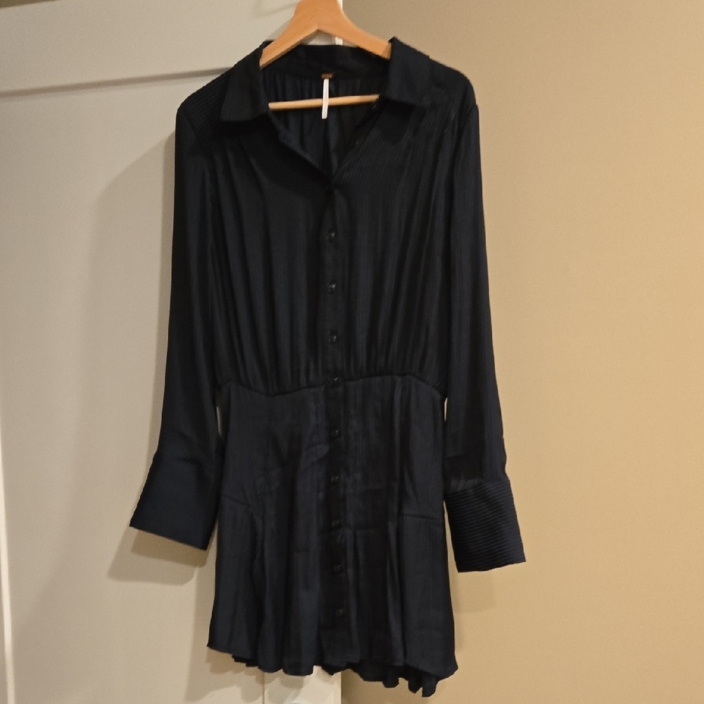 FREE PEOPLE Navy/Black Stripe Long Bell Sleeve Mini Shirt Dress M